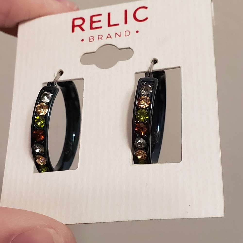 Relic Rhinestone Neutral Hoop Earrings Gunmetal Brown Green Fall Earthtone